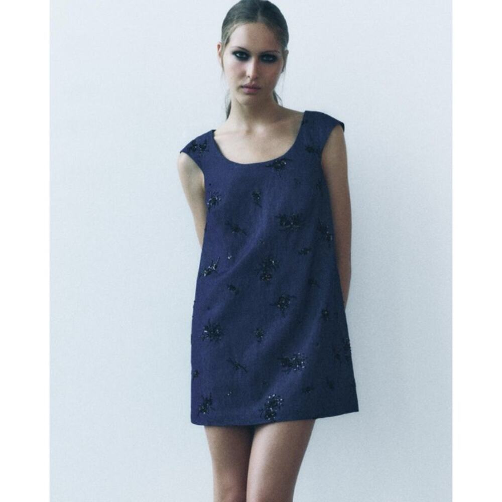 Zara Dark Wash Blue Denim Mini Dress Black Floral Sequins & Beading Size Large